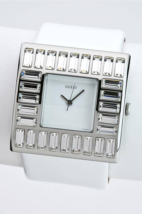SUMMER BLING! GUESS MARTINI CRYSTAL ACCENTED WHITE PATENT LEATHER WATCH