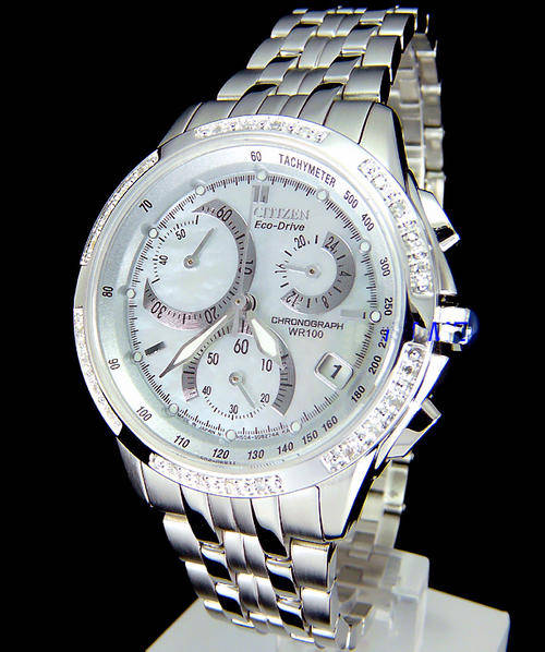 CHRISTMAS SPECIAL! RARE PLATINUM TONE 24 DIAMOND CITIZEN ECO-DRIVE LADIES  MOTHER-OF-PEARL CHRONO