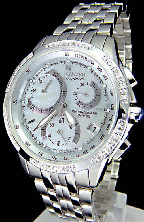 RARE! CITIZEN ECO-DRIVE PLATINUM TONE 24 DIAMOND  LADIES  MOTHER-OF-PEARL CHRONO