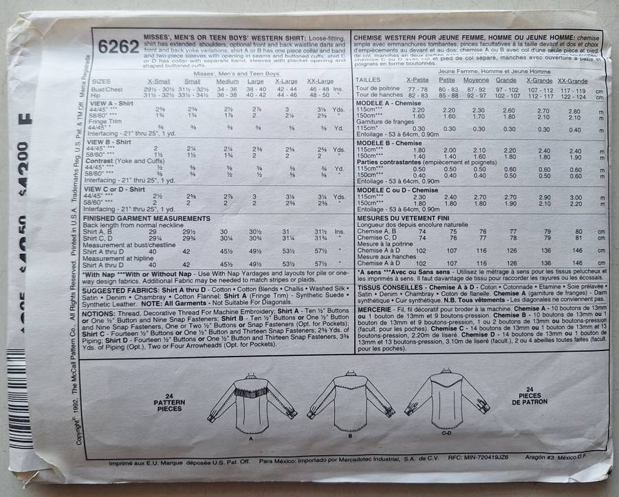 McCall`s #6262 The easy western shirt Pattern