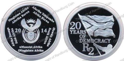 *#* 2014 R2 Silver Proof 20Yrs of Democracy South Africa - Coin ONLY, capsule scratched *#*