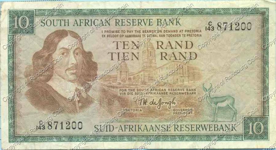 *#* TW de JONGH - 1st Issue - 10 Rand Eng/Afr - F+ - Staple holes *#*