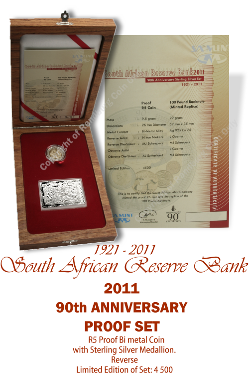 *#* 2011 Silver Proof SARB 90th Anniversary Special Set,  With proof R5 as issued by the SA Mint *#*