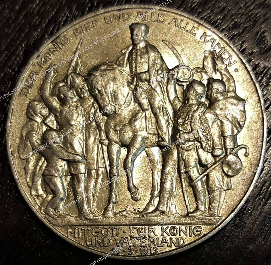 1913 Silver (0.9) Deutsches Reich Germany Prussia 3 (Drei) Mark with Napoleon