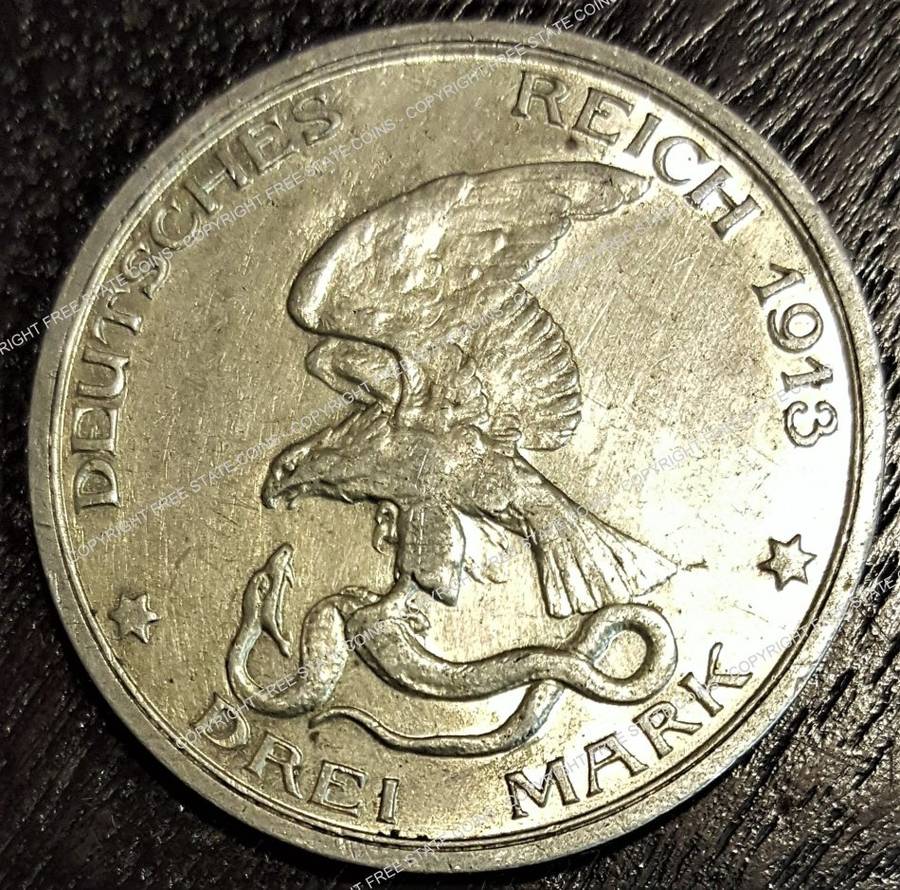1913 Silver (0.9) Deutsches Reich Germany Prussia 3 (Drei) Mark with Napoleon