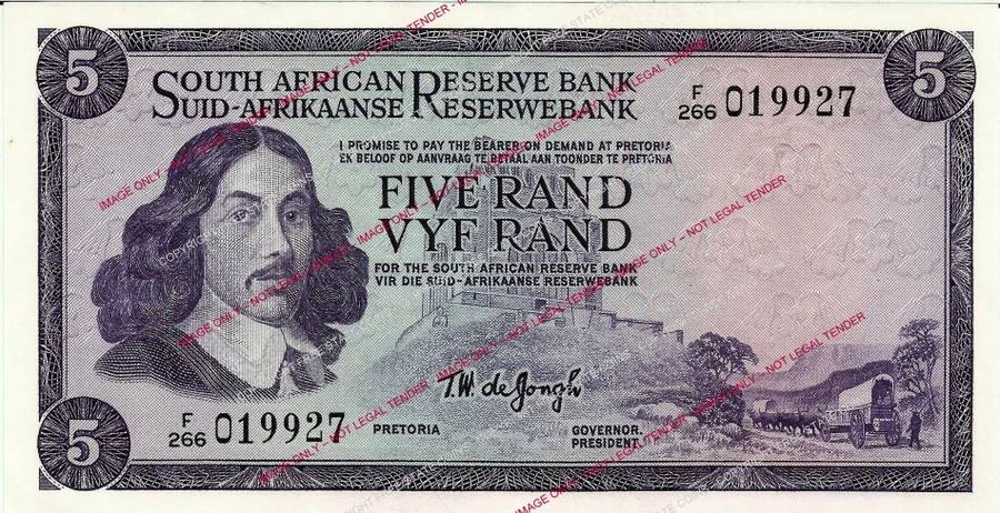 1975-1976 South Africa T.W. de Jongh 3rd Issue R5 Banknote (EF) 2016 Herns catalogue value is R125ea