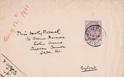 Boer War, Army Post Office 46 Bloemfontein 14 August 1901, sent by Dr Safford a Lt attached to RA