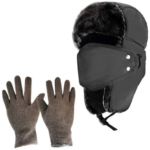 Winter Hat Ushanka Hat + Unisex Touch Screen Gloves For Men and Women  - Grey Hat + Grey Gloves