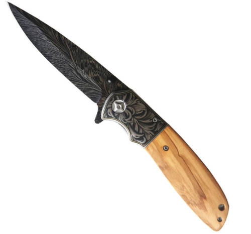 Folding Knife Damascus Knife Blade - Flick Knife - Brown CM-77