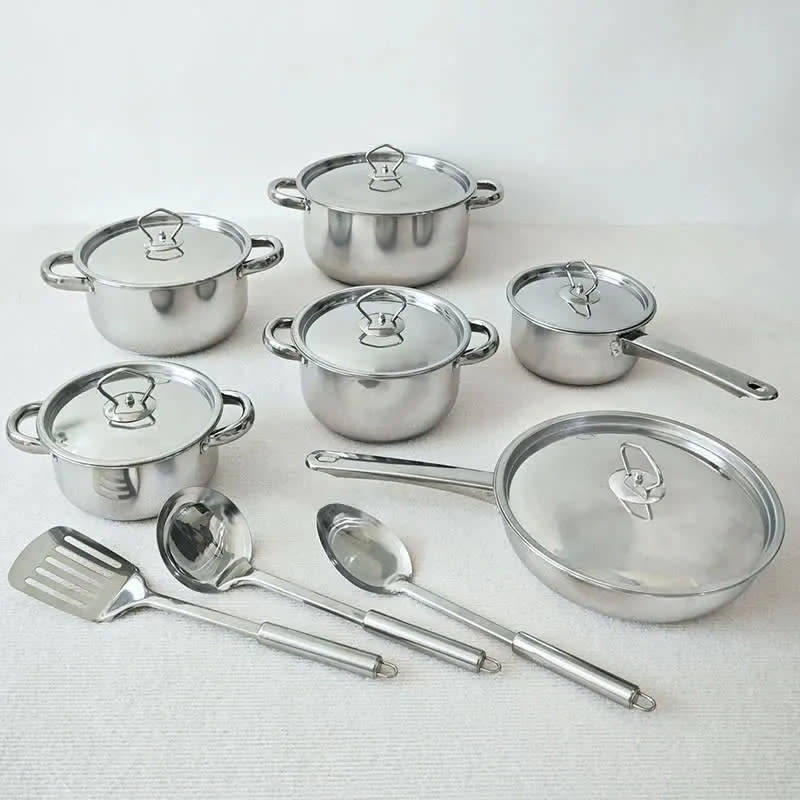 Stylish And Sophisticated 15 Piece Cookware Set Stainless Steel Cooking Pot Set With Kitchen Utensil
