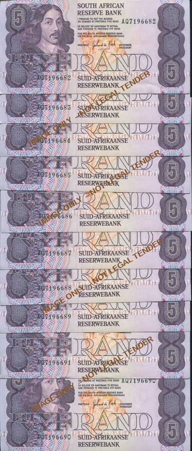FIVE RAND unc G DE KOCK BANKNOTES IN SERIES X 10 - 3RD ISSUE 1989