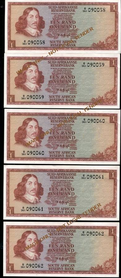 ONE RAND TW DE JONGH UNC BANK NOTES IN SERIES X 5 - 3RD  ISSUE 1975