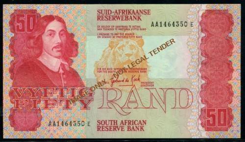 FIFTY RAND unc NOTE  G DE KOCK "AA" SERIAL NUMBER