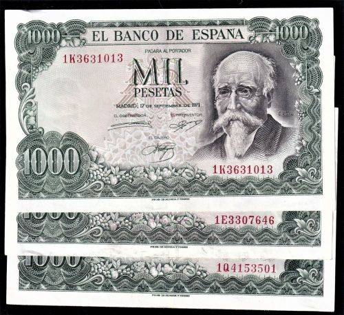 SPAIN 1974 - 1000 PESATAS x 3 notes -  COMMEMORATIVE ISSUE-CENTENNIAL OF THE BANCO de ESPANACO