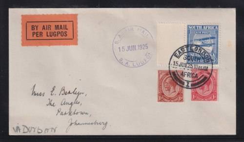 SA 1925 SUPERB AIRMAIL COVER WITH KINGSHEAD COILS - EAST LONDON-JOBURG.