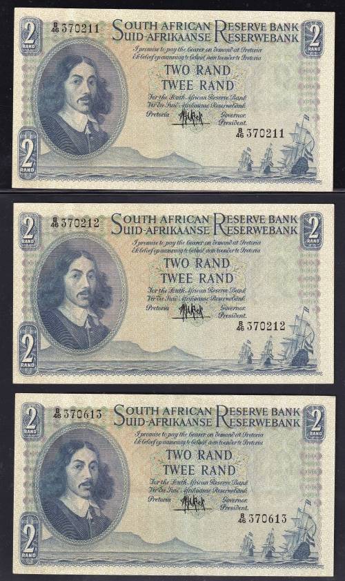 MH DE KOCK TWO RAND - 3 NOTES IN SEQUENCE A UNC  - 1961 -  4TH ISSUE