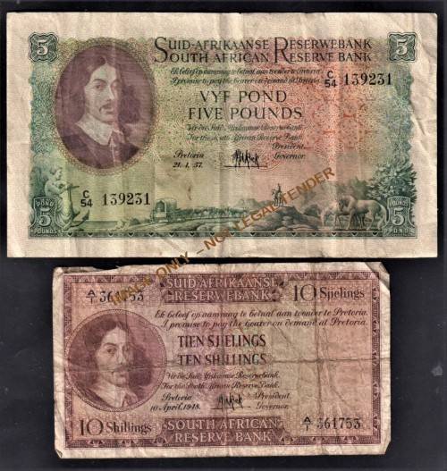 UNION M H DE KOCK BANKNOTES - TEN SHILLINGS 1948 & FIVE POUNDS 1957