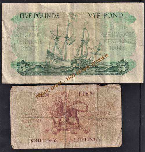 UNION M H DE KOCK BANKNOTES - TEN SHILLINGS 1948 & FIVE POUNDS 1957