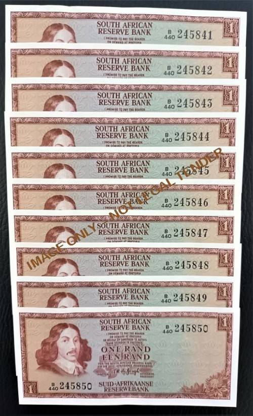 RSA ONE RAND BANKNOTES 3rd ISSUE - TW DE JONGH 1975 - 10 in series