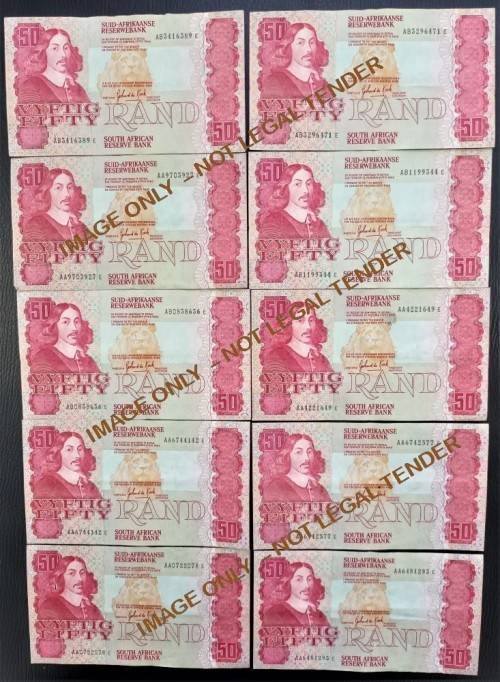 FIFTY  RAND GPC DE KOCK  BANKNOTES X 10 GOOD CONDITION