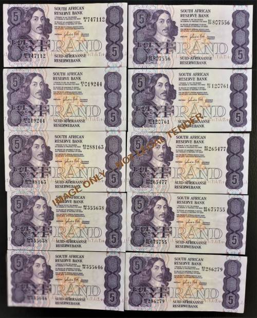 FIVE RAND GPC DE KOCK  BANKNOTES X 10
