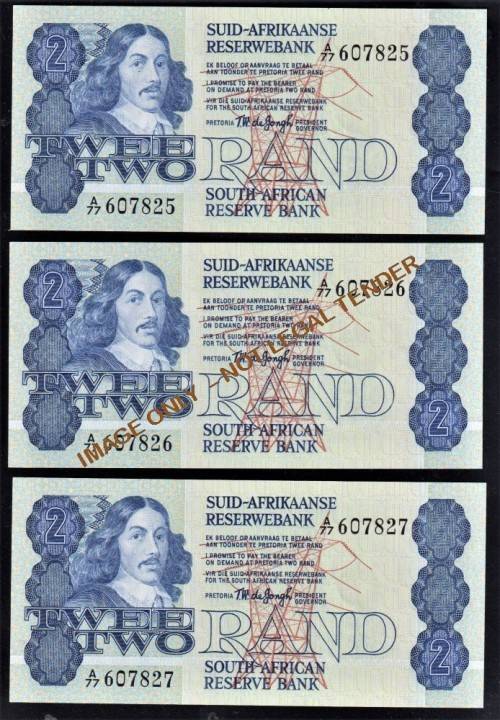 TWO RAND TW DE JONGH UNC  BANKNOTES  - X 3 IN SERIES
