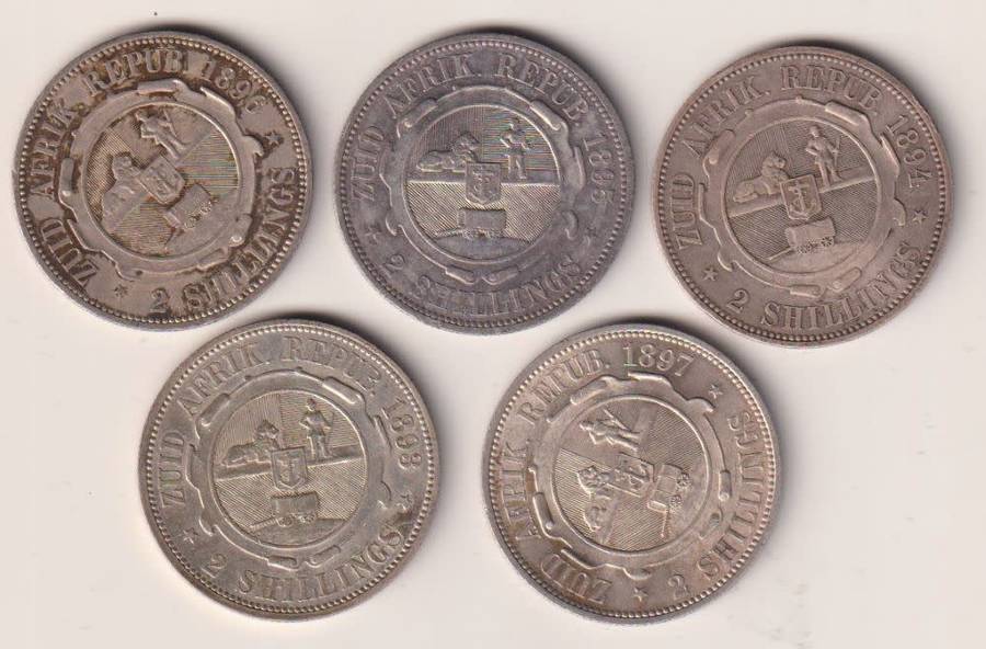ZAR 2  SHILLINGS COIN COLLECTION -   5 coins -1893,1894,1895,1896,1897