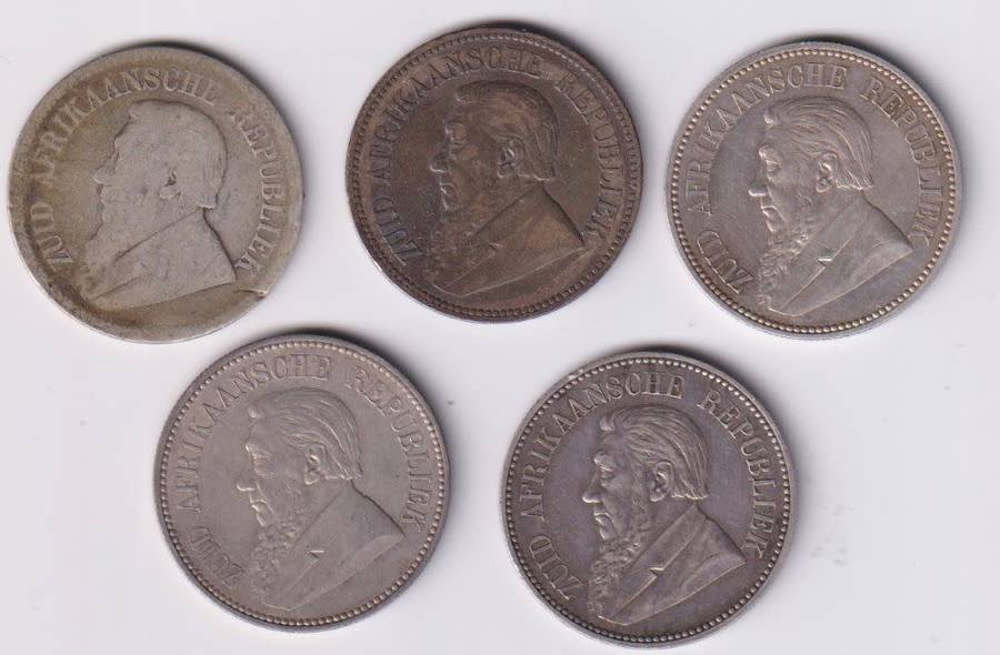 ZAR 2/6  SHILLINGS COIN COLLECTION - 5 coins - 1892,1894,1895,1896,1897