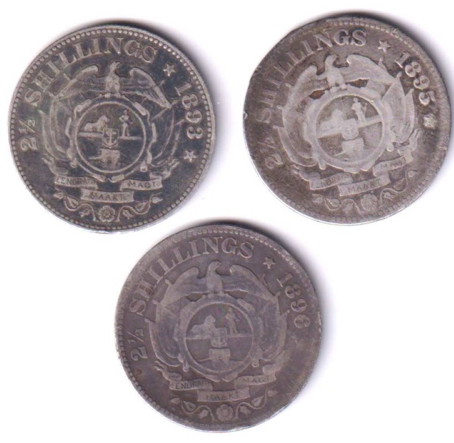 ZAR  COIN COLLECTION - 3 coins - 1893, 1895, 1896 -  2/6 Shillings