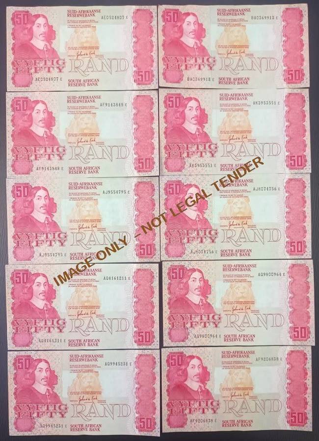 FIFTY  RAND GPC DE KOCK  BANKNOTES X 10