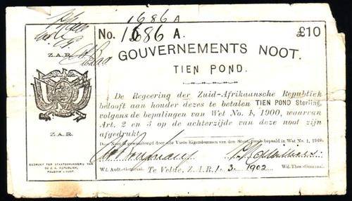 TE VELDE, ZAR  10 POND GOUVERNMENTS NOOT - DATED 1/3/1902