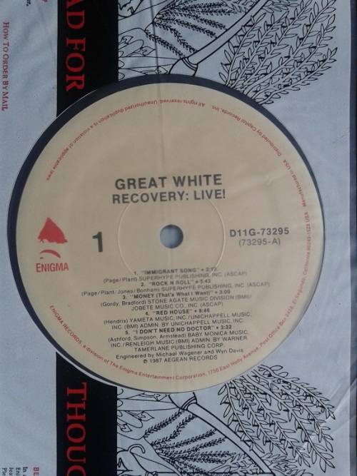 Great White - Recovery Live ! Import LP VG +