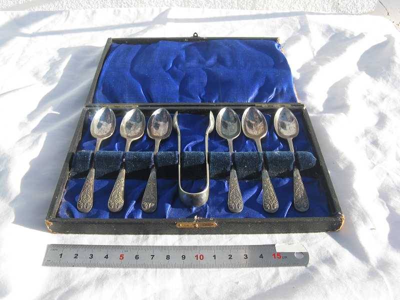 EPNS BOXED SPOON SET OF 6 & A SN SCOTIA SILVER SUGAR TONGS.