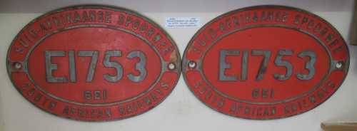 Pair of SA Railways cab side plates No.E1753, class 6E1, series 7, electric locomotive built 1977