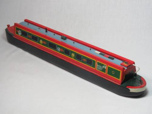 Vintage wooden canal boat model with storage box on top