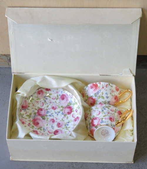 Royal O'Queen bone china pair of cups and saucers in box