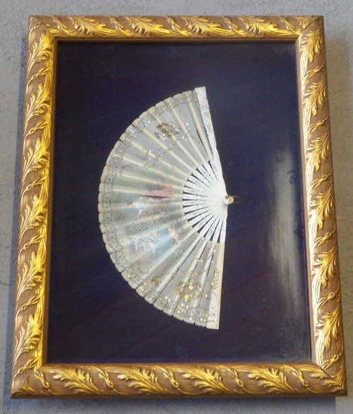 Antique hand painted silk and bone chinese fan in box frame