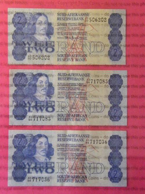 Lot of 3 GPC de Kock 1st issue R2 banknotes on blue hue paper, slight crease - Decmarkdown
