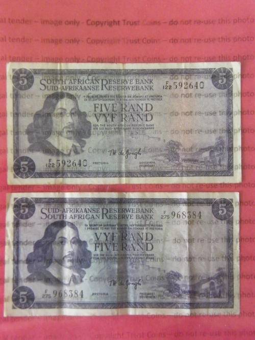 Pair of TW de Jongh 2nd and 3rd issue R5 banknotes