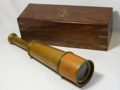 Antique brass telescope in olive wood box with Naval emblem - as per photo