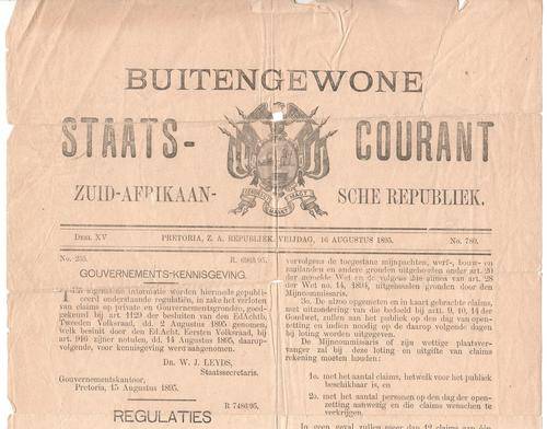 Ephemera - Extraordinary Government Gazette dated 16 August 1895 with regulations on claims