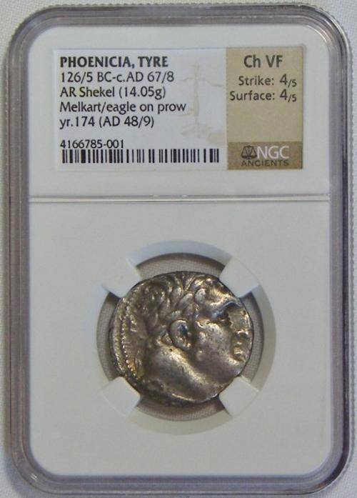 Phoenicia Tyre 126/5 BC - C AD 67 / 8 AR Shekel (14.05g) melkart / eagle on prow Yr.174 (AD 48/9)