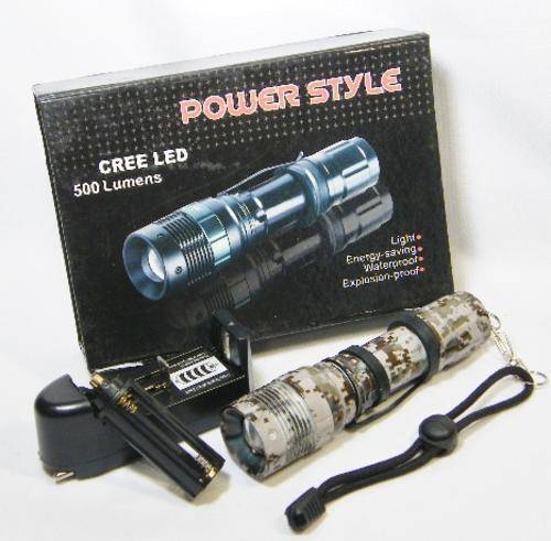 Power Style Cree LED 500 Lumens camo design rechargeable flashlight - as per photo