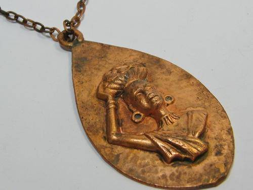 Vintage copper necklace and pendant with african tribe motif - 38 cm chain - as per photo