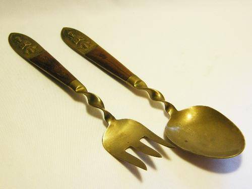 Pair of vintage Thailand souvenir salad spoon & fork - brass with wooden handles - as per photo