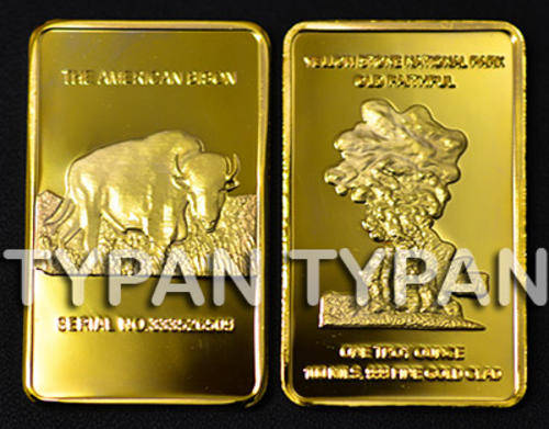 Yellow Stone National Park American Bison 24k gold clad bullion bar + FREE medallion