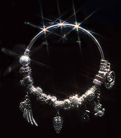 Pandora sterling silver plated, 66mm width solid bracelet with 15 charms