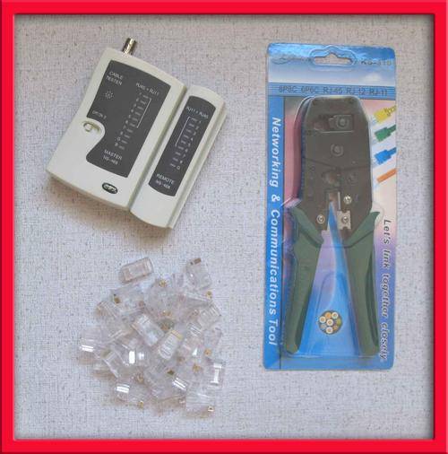 RJ45/RJ11/RJ12 CRIMPING TOOL, CABLE TESTER and 50 x RJ45 plugs