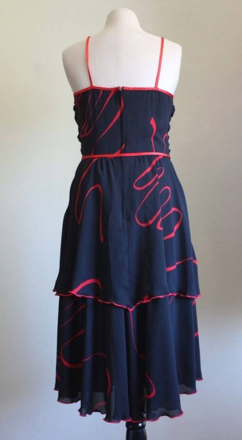 1970s black chiffon party dress with red contrasting detail