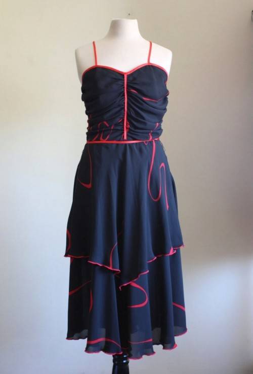 1970s black chiffon party dress with red contrasting detail